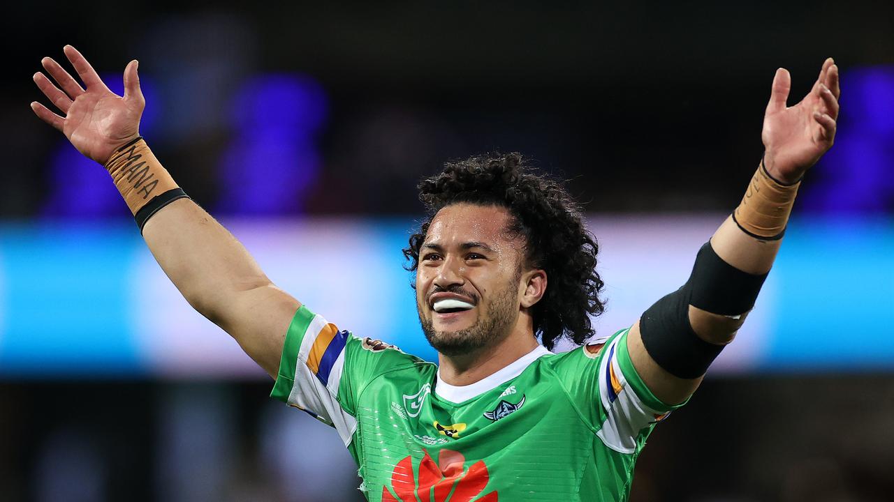 SYDNEY, AUSTRALIA - OCTOBER 09: Corey Harawira-Naera of the Raiders celebrates winning the NRL Semi Final match between the Sydney Roosters and the Canberra Raiders at the Sydney Cricket Ground on October 09, 2020 in Sydney, Australia. (Photo by Cameron Spencer/Getty Images)