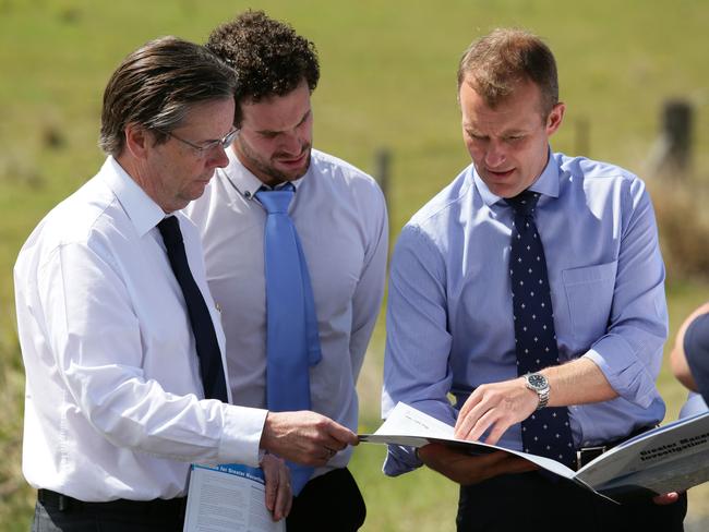 Luke Johnson, then mayor Simon Landow and then planning minister Rob Stokes at the announcement of Wilton Junction in 2015. Picture: Ian Svegovic