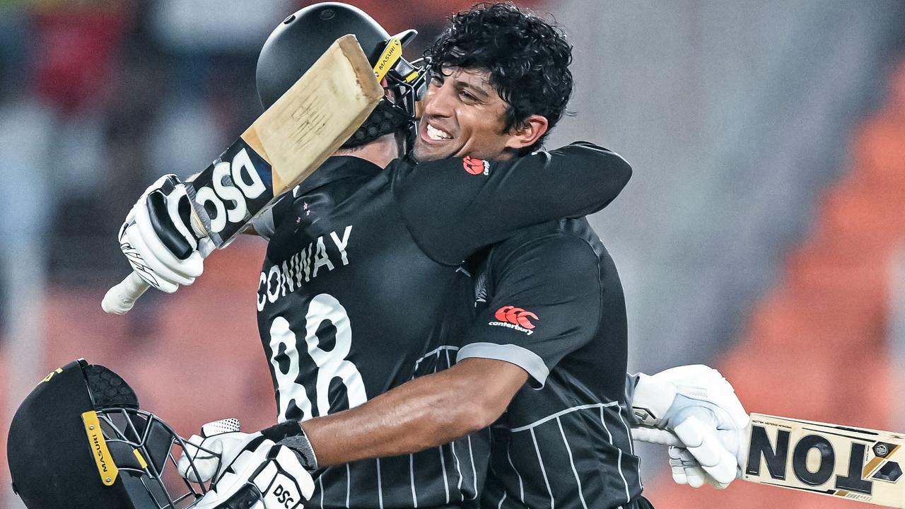 New Zealand's Devon Conway and Rachin Ravindra celebrate their centuries and an emphatic win over England. Picture: Sajjad HUSSAIN / AFP