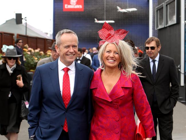 Federal Opposition Leader Bill Shorten arrives with wife Chloe to the Melbourne Cup. Picture: Stuart McEvoy