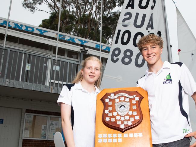 Representatives from the Tasmanian International Cadet Sailing team Olive Hooper aged 14 and Sam Hooper aged 16 from Sandy Bay Sailing club.Picture: Linda Higginson