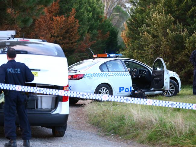 Police at the scene where two skydivers have died at Wilton. Picture: Damian Shaw