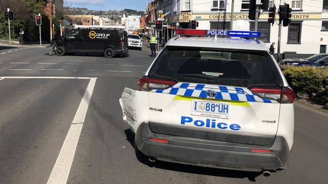 A police car was involved in a crash at the intersection of Brisbane and Tamar Streets, Launceston. Picture: PATRICK GEE