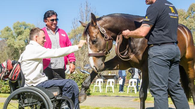 Tye Angland caught up with star sprinter Trapeze Artist at Widden Stud last weekend. Picture: Sharon Lee Chapman