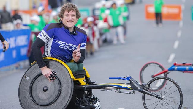 The Sunday Mail Transurban Bridge to Brisbane finish line on Sunday 28 August 2022. Male Elite wheelie winner Richard Colman. Picture: Jerad Williams