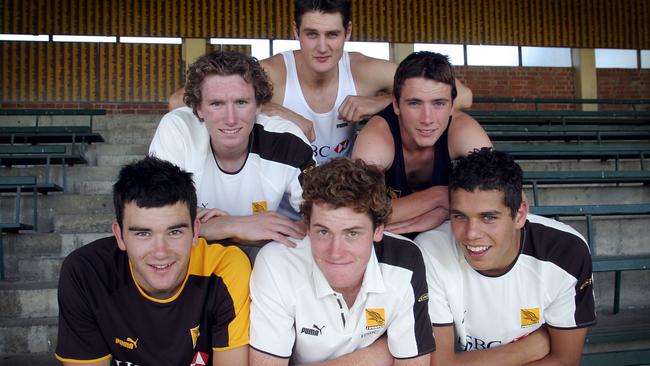 Hawthorn’s 2004 draft class: (Front to back: Jordan Lewis, Jarryd Roughead, Lance Franklin, Matt Little, Tom Murphy and Simon Taylor.