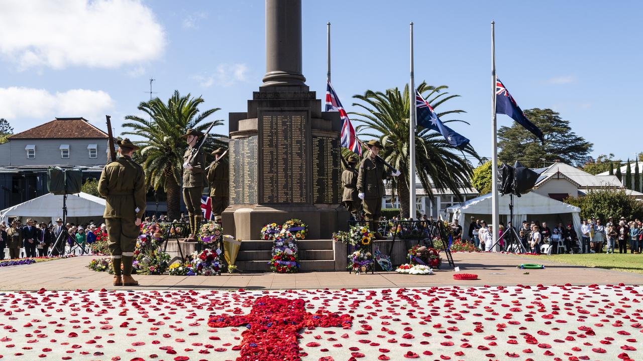 The changing of the Toowoomba Grammar School Honour Guard at the Anzac Day Toowoomba mid-morning Service of Remembrance at the Mothers' Memorial, Tuesday, April 25, 2023. Picture: Kevin Farmer