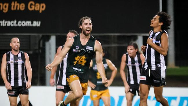 Dylan Landt celebrates a goal for St Mary's against Palmerston Magpies in the 2022-23 NTFL season. Picture: Celina Whan / AFLNT Media