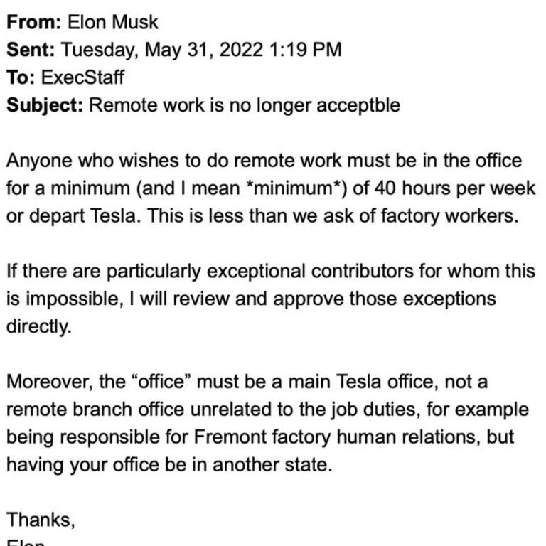 The email was sent to Tesla staff in 2022. Picture: X