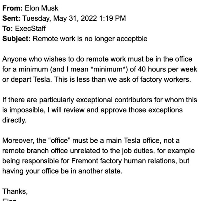 The email was sent to Tesla staff in 2022. Picture: X