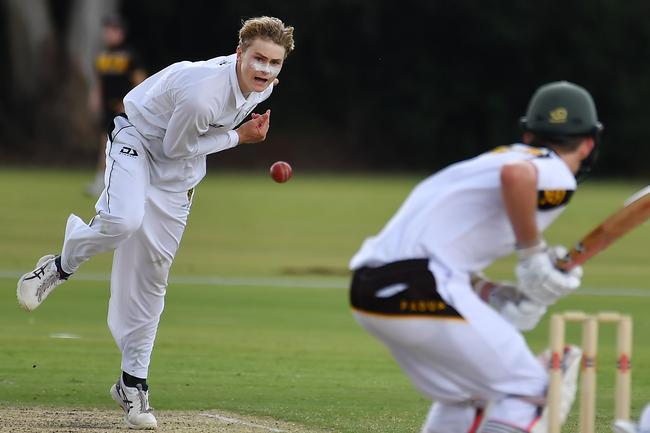 Reidy (pictured bowling during the 2022 AIC First XI season) was an outstanding cricketer during his time at St Laurence’s. Picture, John Gass