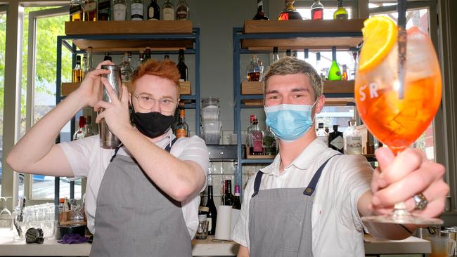 Sailors' Rest restaurant staff celebrate the looming end of travel restrictions from Melbourne with Hayden John and Rhys Borg Picture: Mark Wilson