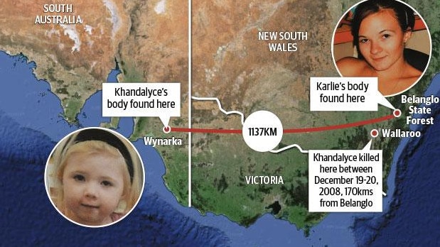 The bodies of Karlie Jade Pearce-Stevenson and daughter Khandalyce Kiara Pearce were found 1137km apart.