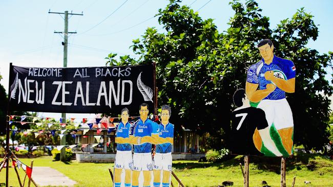 Handmade posters welcome the All Blacks to Samoa.