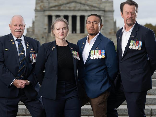 John Willis, Carolyn West, Jon Saemo, Bryan Ross at the front of the Shrine of Remembrance in Melbourne. Picture: Tony Gough