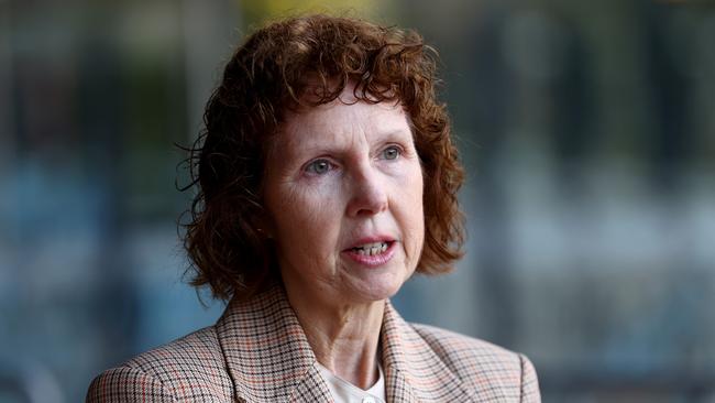 SA Health CEO Dr Robyn Lawrence speaking at a doorstop at Adelaide Oval. Picture: Kelly Barnes