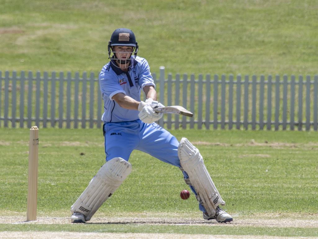 Harrison Tzannes bats for Toowoomba. Mitchell Shield, Toowoomba vs Lockyer. Sunday, January 23, 2022. Picture: Nev Madsen.