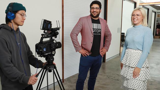 Josh Lee films Talea Bader from Workit Spaces as she interviews Alex Durkin for the online series COVID Reality. Picture: John Feder