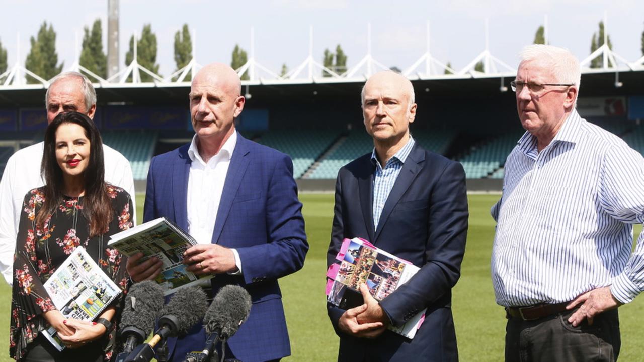 Sports Minister Jane Howlett, Jim Wilkinson, Premier Peter Gutwein, Brett Godfrey, Errol Stewart at UTAS Stadium. AFL taskforce announcement. Picture: Patrick Gee