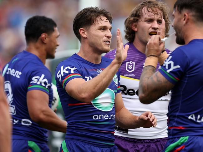 HAMILTON, NEW ZEALAND - FEBRUARY 15: Luke Metcalf of the Warriors (C) celebrates a try during the 2025 NRL Pre-Season Challenge match between New Zealand Warriors and Melbourne Storm at FMG Stadium Waikato on February 15, 2025 in Hamilton, New Zealand. (Photo by Fiona Goodall/Getty Images)