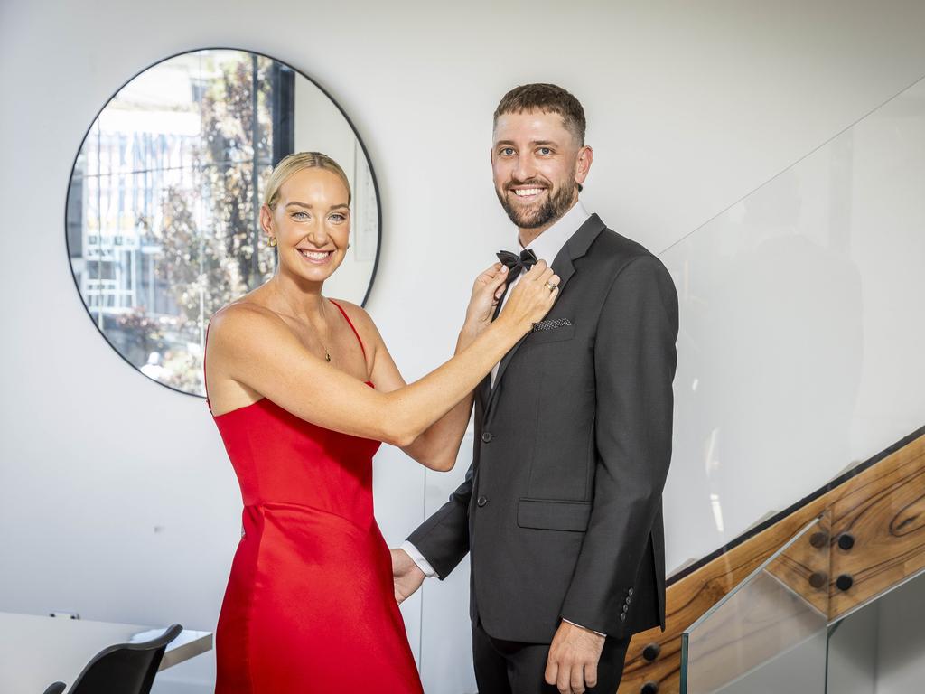 Cricket star Short and his fiance and former Australian Olympic swimmer Madi Wilson, retired olympic swimmer getting ready for the Awards. Picture: Jake Nowakowski