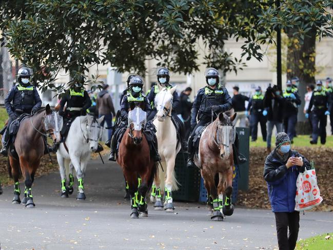 Mounted police at the Millions March against mandatory Covid vaccinations. Picture: Alex Coppel