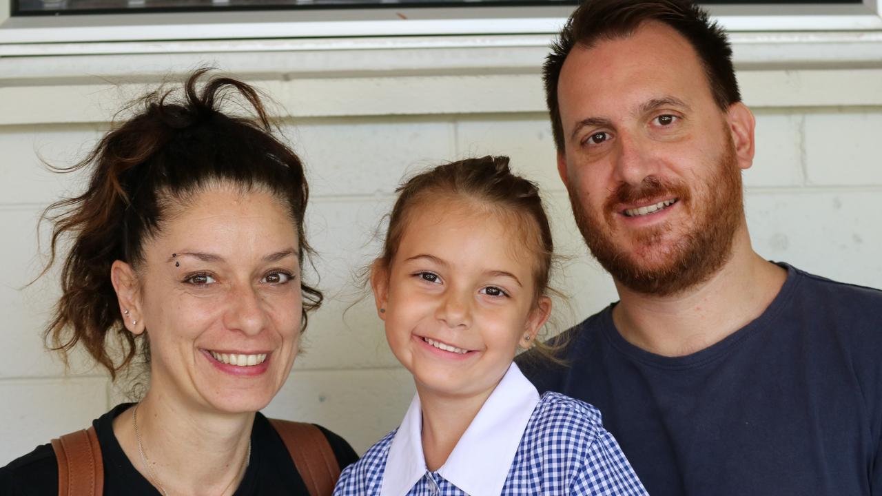 Mum Jessica Spano with daughter Azzurra Spano and dad Gugluelmo Spano at Coolum State School in Coolum Beach, on January 22. Picture: Letea Cavander