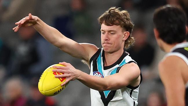 MELBOURNE, AUSTRALIA - JUNE 30: Will Lorenz of the Power in action during the round 16 AFL match between St Kilda Saints and Port Adelaide Power at Marvel Stadium on June 30, 2024 in Melbourne, Australia. (Photo by Graham Denholm/AFL Photos/via Getty Images)