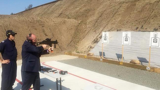NSW Police Minister David Elliott firing a Heckler and Koch UMG 40 at John Morony Correctional Centre in November 2018. Picture: Facebook