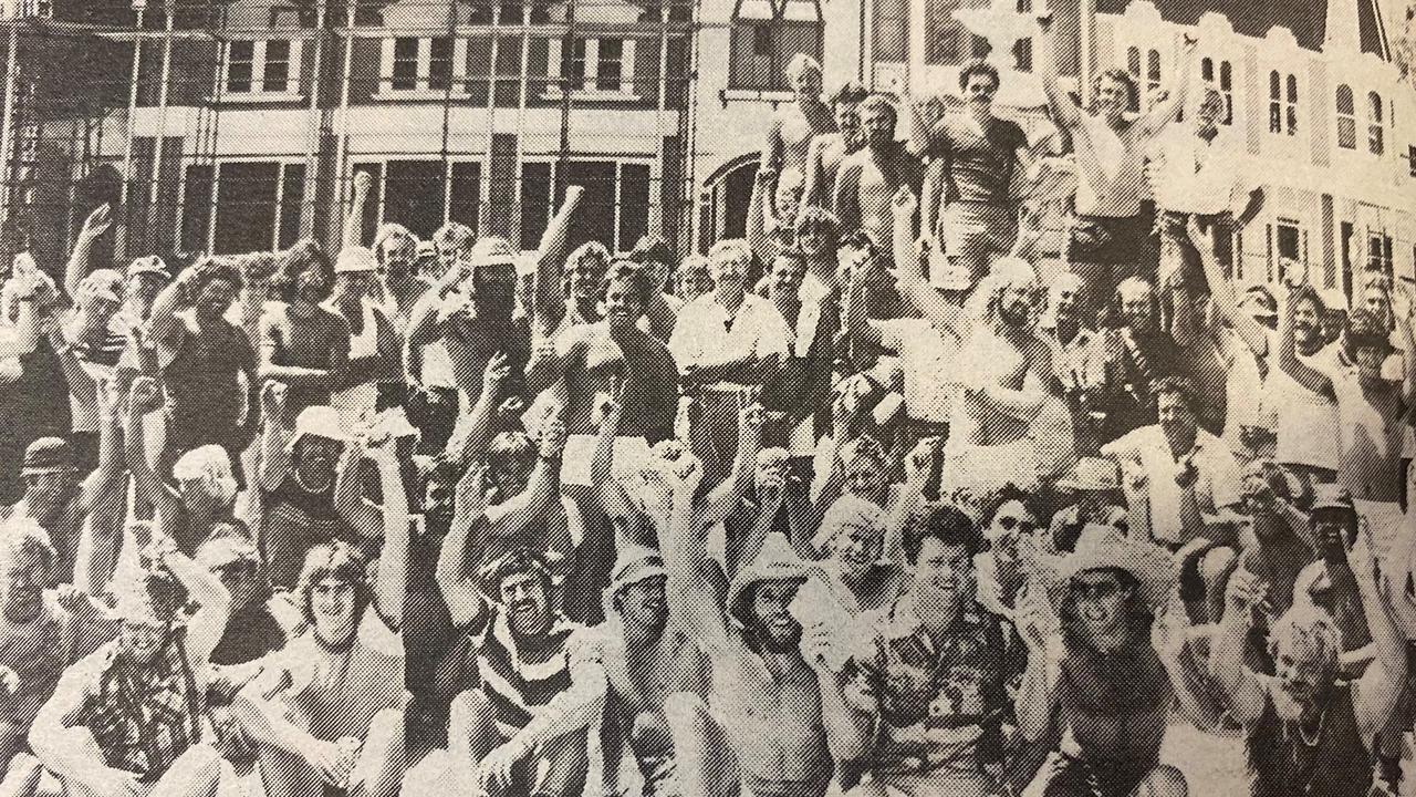 The team of more than 100 men who worked on Dreamworld in 1981 to complete it ahead of its opening. Pictured in the centre is construction manager Tony Longhurst, then aged-24. Picture: Gold Coast Bulletin archives.