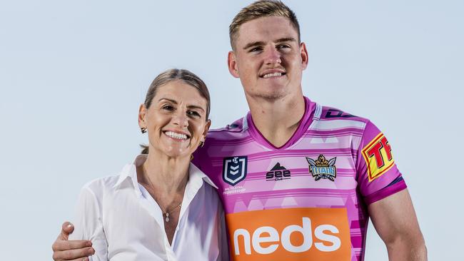 Titans rising star AJ Brimson with mum Vanessa. Photo: Jerad Williams