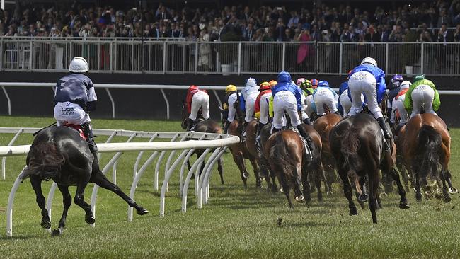 The Cliffsofmoher, left, pulls up with a broken leg at the Melbourne Cup. Picture: AP Photo/Andy Brownbill