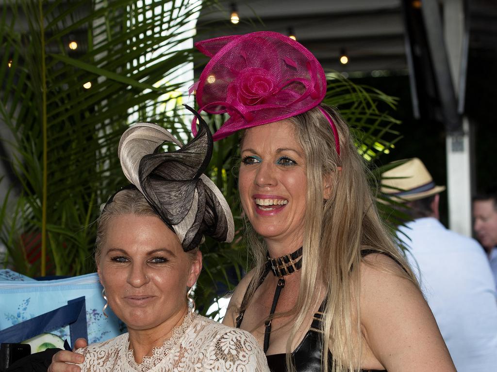 Leanne Hallam and Kay Thorp enjoy the 2019 Darwin Cup. Picture: KERI MEGELUS