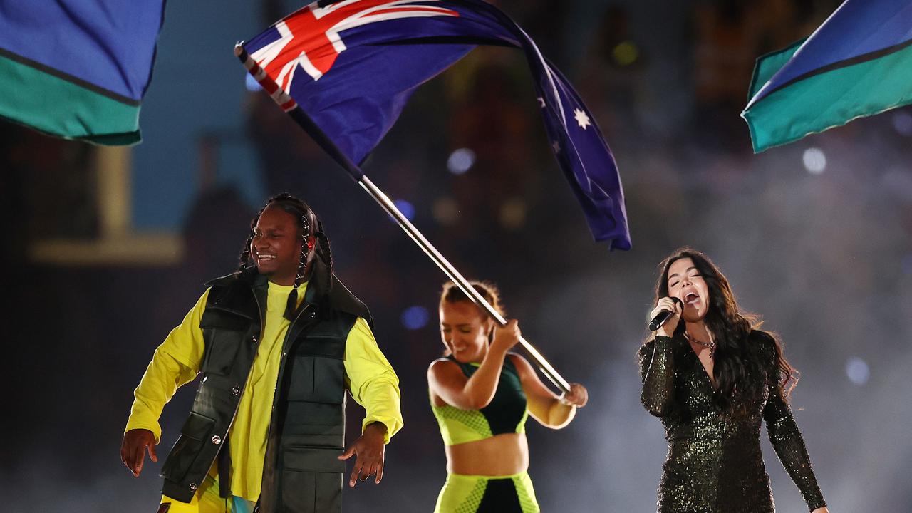 Australian singers Baker Boy and Vanessa Amarosi during the 2022 Commonwealth Games closing ceremony. Picture: Michael Klein