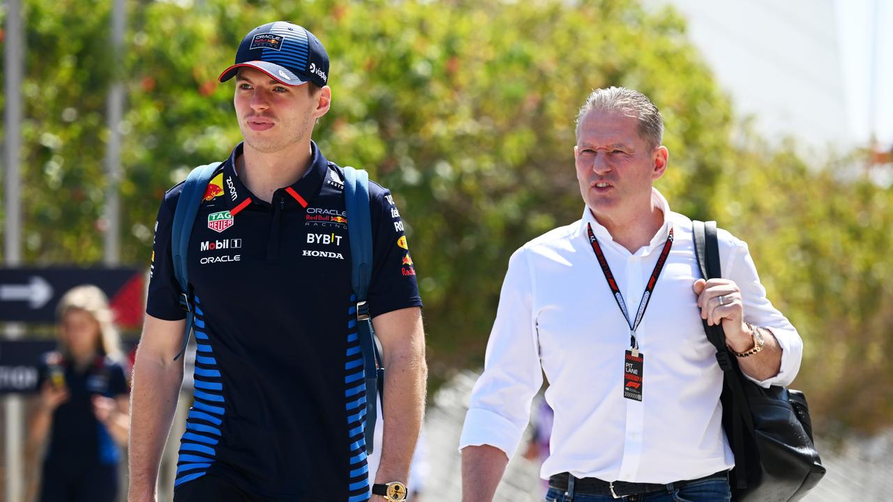 BAHRAIN, BAHRAIN - FEBRUARY 29: Max Verstappen of the Netherlands and Oracle Red Bull Racing and Jos Verstappen walk in the Paddock prior to practice ahead of the F1 Grand Prix of Bahrain at Bahrain International Circuit on February 29, 2024 in Bahrain, Bahrain. (Photo by Clive Mason/Getty Images)