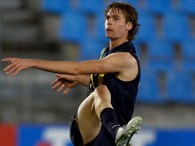 ADELAIDE, AUSTRALIA - APRIL 15: Ethan Read of the AFL Academy in action during the match between the AFL Academy and Port Adelaide Magpies at Summit Sports Park on April 15, 2023 in Adelaide, Australia. (Photo by Michael Willson/AFL Photos via Getty Images)