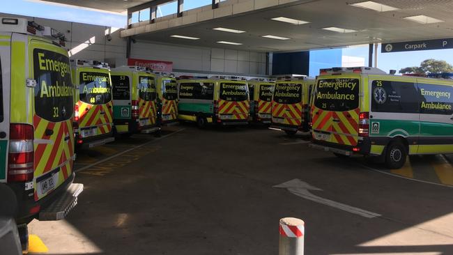 Ambulances ramping at Flinders Medical Centre. Another three are out of frame, on the ramp.