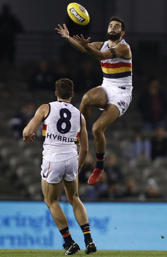 Wayne Milera of the Crows marks against Carlton at Etihad Stadium. Picture: AAP Image/Daniel Pockett