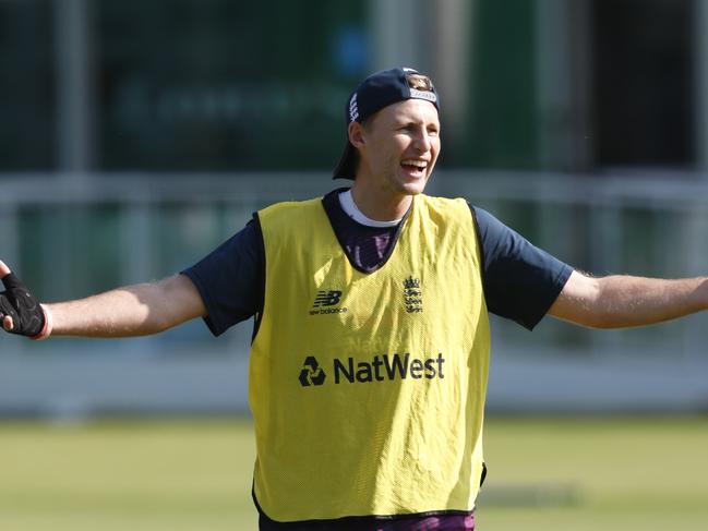 England's Joe Root gestures as he takes part in a training session at Lord's cricket ground in London, Tuesday, Aug. 13, 2019. The second Ashes cricket test starts Wednesday at Lord's. (AP Photo/Alastair Grant)