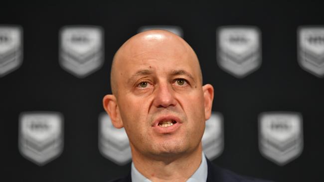 NRL CEO Todd Greenberg speaks to the media during a press conference at the NRL headquarters in Sydney, Friday, March 1, 2019. The NRL have announced new sanctions for salary cap breaches and off-field behaviour matters. (AAP Image/Dean Lewins) NO ARCHIVING