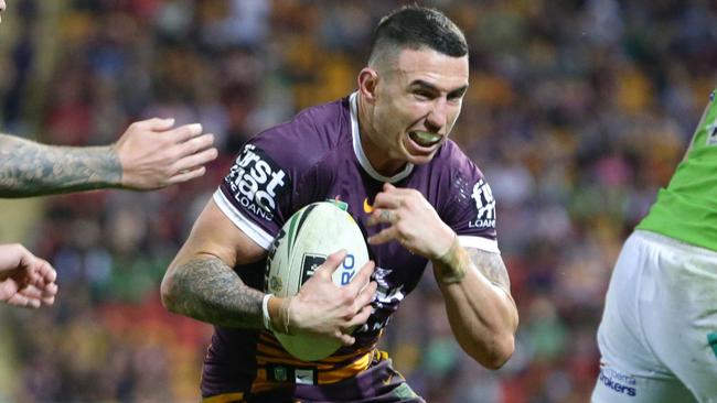 Darius Boyd of Brisbane scoring a try during the NRL match between the Brisbane Broncos and the Canberra Raiders. Pic Darren England.