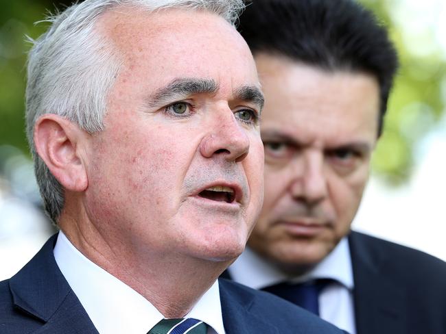 Independent Member for Denison, Andrew Wilkie, left, and Senator Nick Xenophon giving a press conference on the sale of VDL Co. at Parliament House lawns in Hobart. Picture: SAM ROSEWARNE