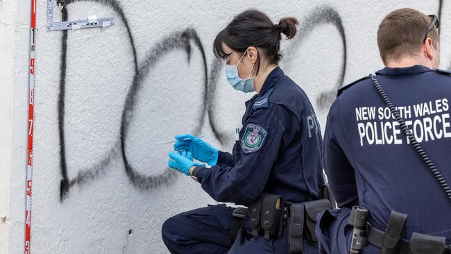 A property next to Mount Sinai College on Runic Lane in Maroubra was spray painted with anti-Semitic graffiti. Picture: Thomas Lisson