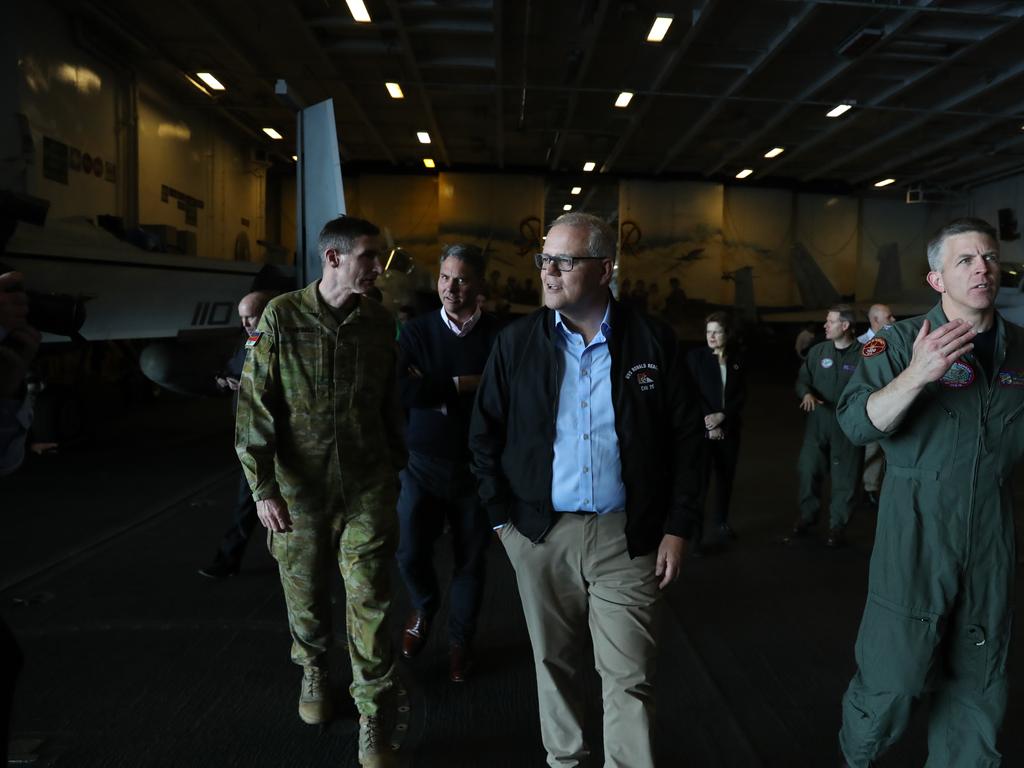 Australian Prime Minister Scott Morrison visits USS Ronald Reagan. Picture: Adam Taylor