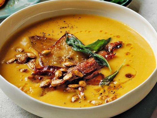 Add some pear and bacon to your traditional pumpkin soup.