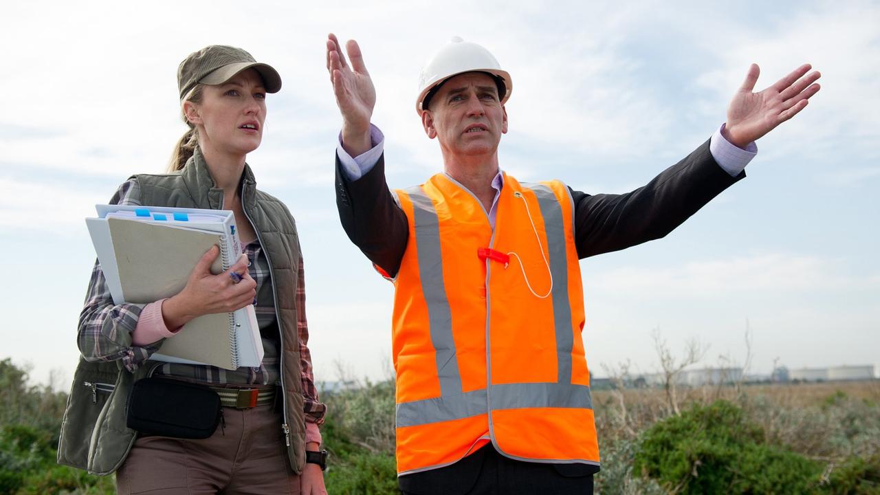 Hayley Butcher and Rob Sitch in a scene from the TV series Utopia. Photo: Hwa Goh.