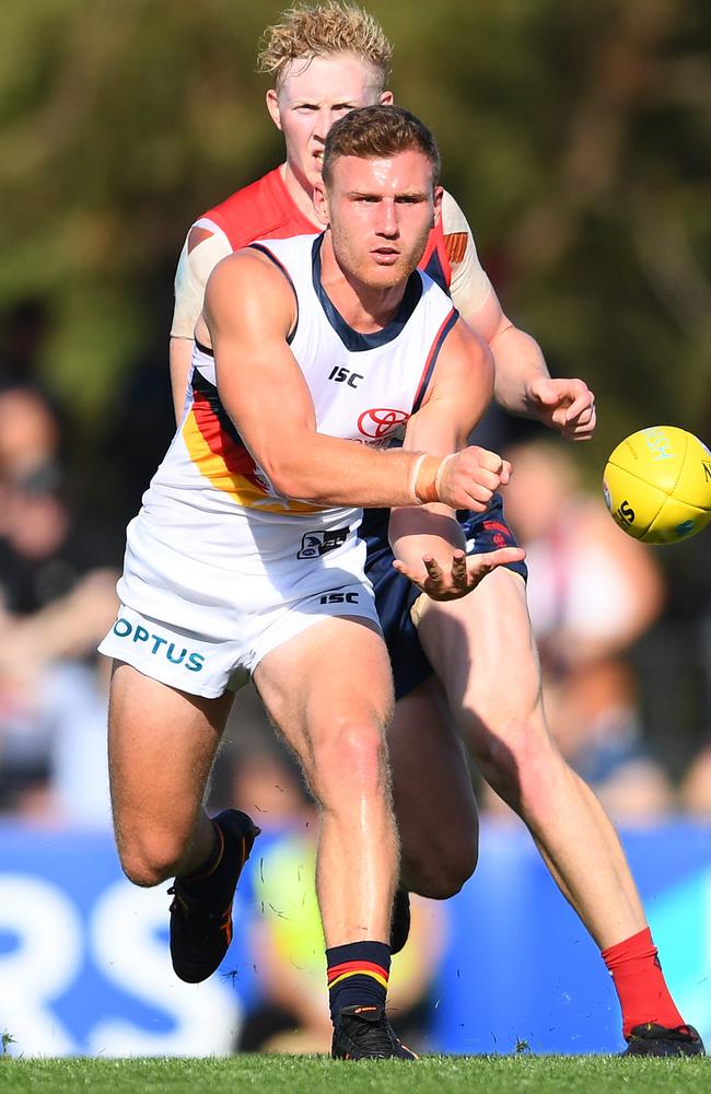 Rory Laird in action against Melbourne during pre-season, before the coronavirus shutdown was introduced. Picture: Quinn Rooney/Getty Images