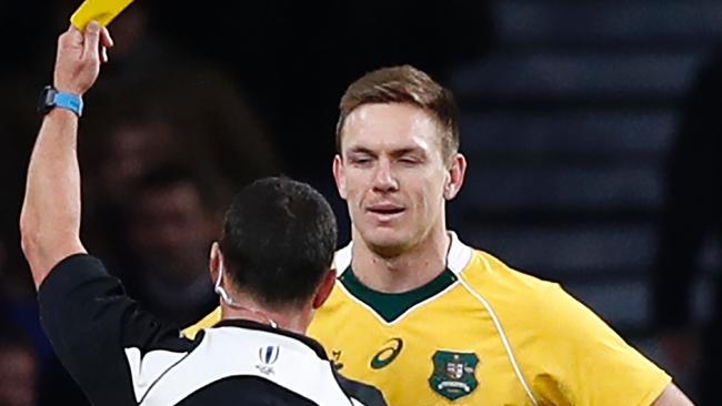 Dane Haylett-Petty is shown a yellow card for a late tackle.