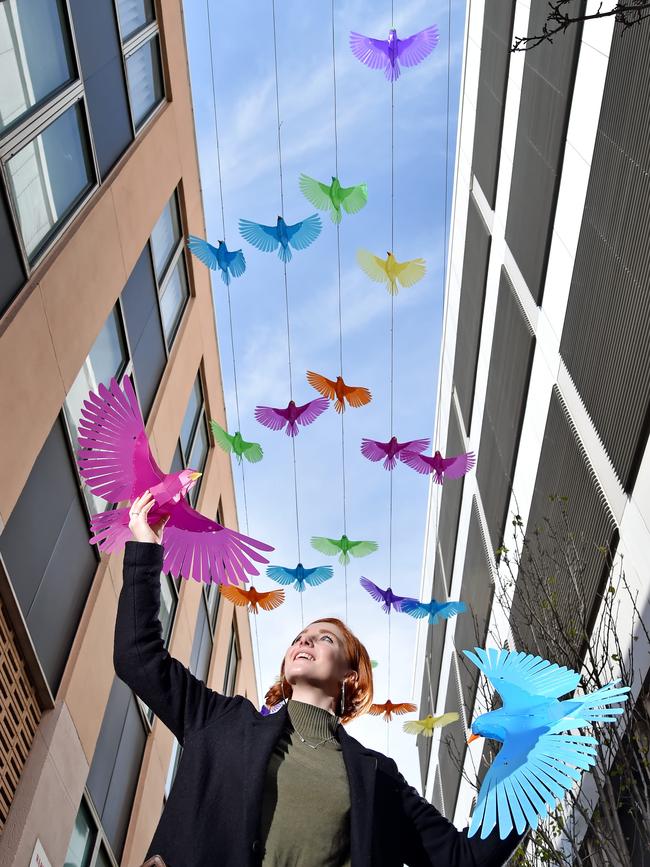 Pineapple Designs artist Zara Pasfield with her installation 'Love Birds' at Red Cow Lane. The work encourages the community to come together to reduce personal plastic waste. Picture: Troy Snook