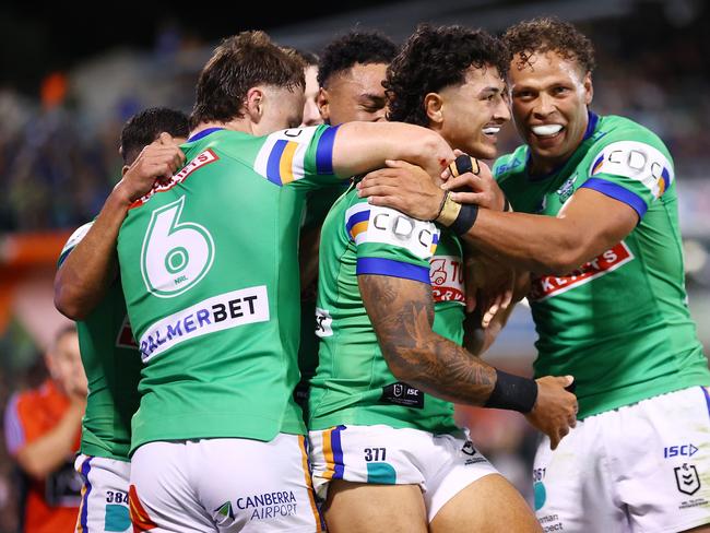 The Raiders celebrate a Xavier Savage try Picture: Mark Nolan/Getty Images